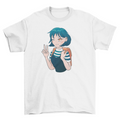 Anime girl in turtleneck t-shirt