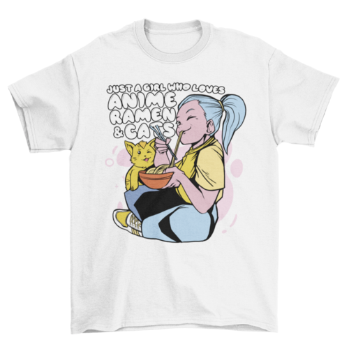 Anime girl and cat eating ramen t-shirt