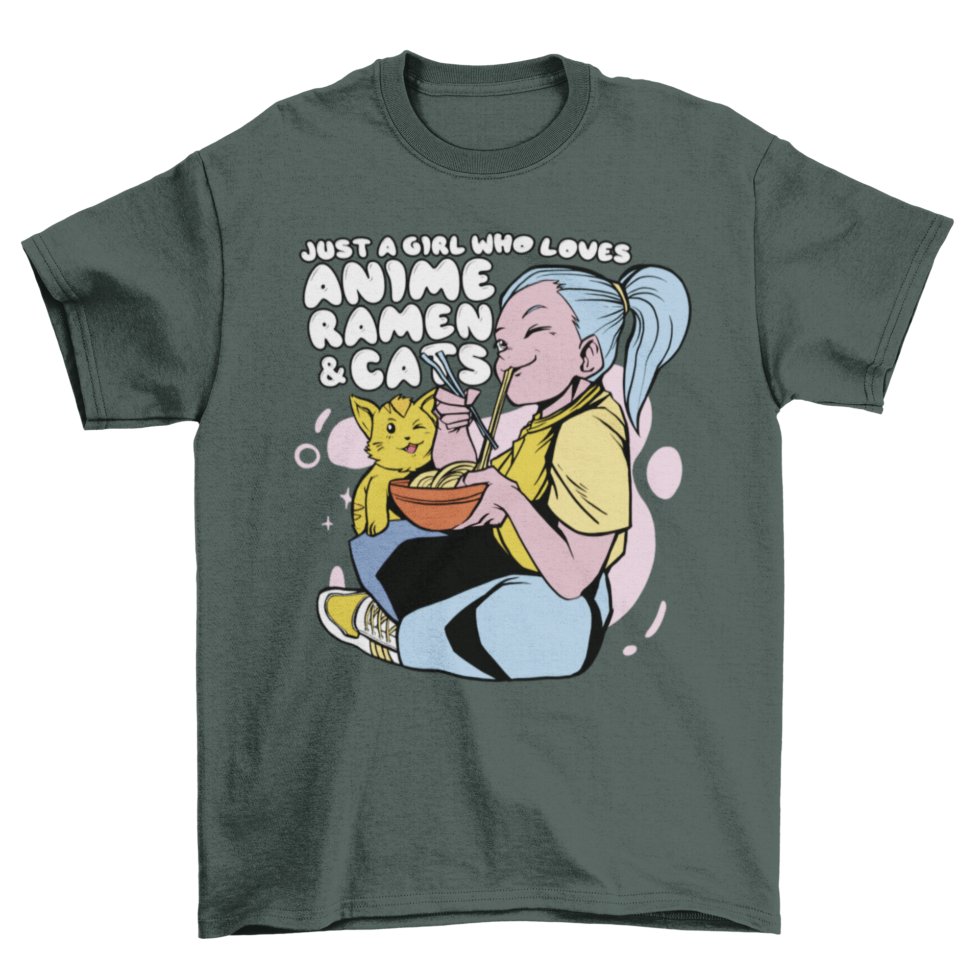 Anime girl and cat eating ramen t-shirt
