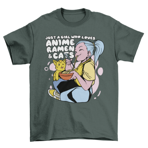 Anime girl and cat eating ramen t-shirt