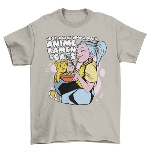 Anime girl and cat eating ramen t-shirt