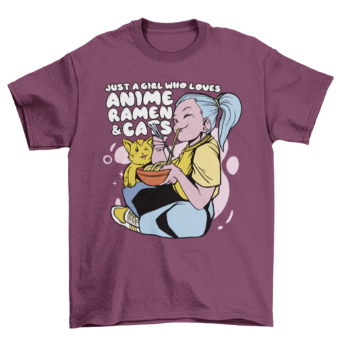 Anime girl and cat eating ramen t-shirt