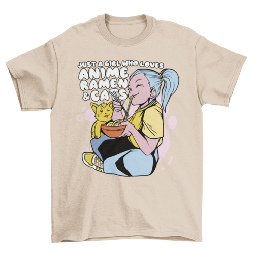 Anime girl and cat eating ramen t-shirt